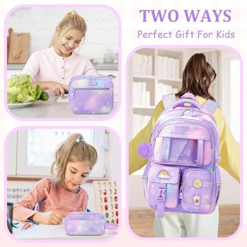 School Backpack for Girls - 5pcs Cute Girls Backpack with Lunch Box for Teens Kids Elementary Middle School - 17″ Students Bookbag Travel Back Pack for Age 6-18 - color: Tm-diamond Purple-backpack Set