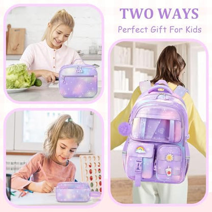 School Backpack for Girls - 5pcs Cute Girls Backpack with Lunch Box for Teens Kids Elementary Middle School - 17″ Students Bookbag Travel Back Pack for Age 6-18 - color: Tm-diamond Purple-backpack Set