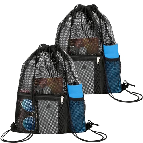 NATURAL STYLE 2 PACK Mesh Drawstring Backpack Bag, Multifunction Mesh Bag for Swimming, Athletic Gym, Clothes, Beach, Swim (Black) - color: Black