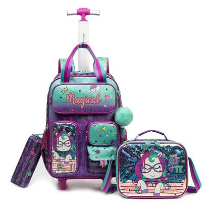 Unicorn Rolling Backpack for Girls, Wheels Backpacks for Elementary Student, Kids Wheeled Trolley Trip Luggage with Adjustable Handle