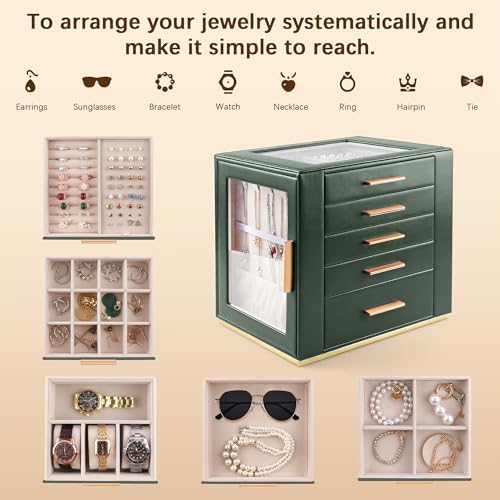 Homeanda Jewelry Boxes with Glass Lid, 5-Layer Large PU Leather, Green - color: Green, size: 5 Layer
