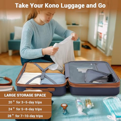 Kono Expandable 28 Inch Luggage with Spinner Wheels, Large Checked Luggage with Lock, Lightweight & Anti-Scratch PC+ABS Hardshell Travel Suitcase, Navy/Brown - color: Navy/Brown, size: Checked-large 28-inch