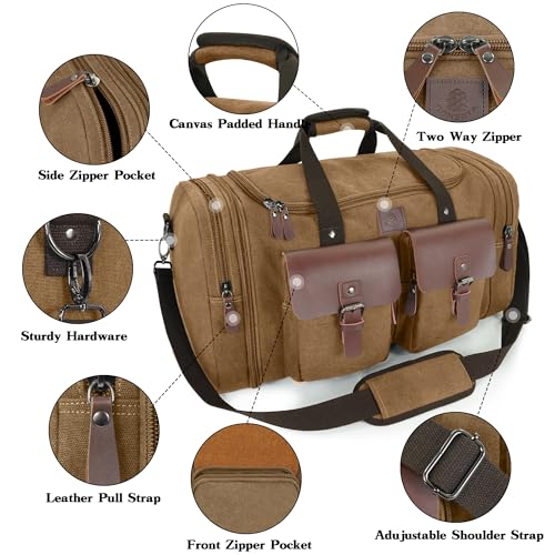 Canvas Duffle Bag for Men - 50L Expandable Travel Duffel Bags - color: Coffee, size: Large-50L