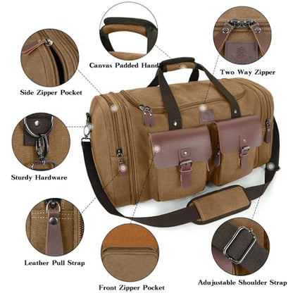 Canvas Duffle Bag for Men - 50L Expandable Travel Duffel Bags - color: Coffee, size: Large-50L