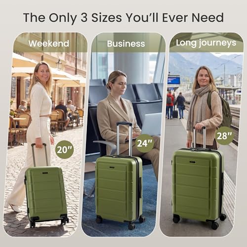 SHOWKOO G-Series Luggage set 3pcs, 100% PC Durable Hardshell Suitcase - color: Olive Green, size: 3-Piece Set (20/24/28in)