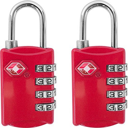 TSA Luggage Locks 2 Pack – 4-Digit Steel – Red | Keyless padlock for backpacks, travel suitcases, toolbox, filing cabinets, baggage & gym locker