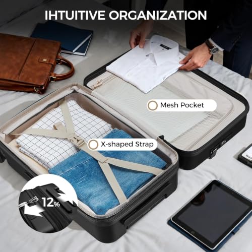 Carry on Luggage Top opening Suitcases, Expandable with Cup Holder and USB Charging Port,Lightweight with Front Pocket Rolling Suitcases with Spinner Wheels - color: Dark Black
