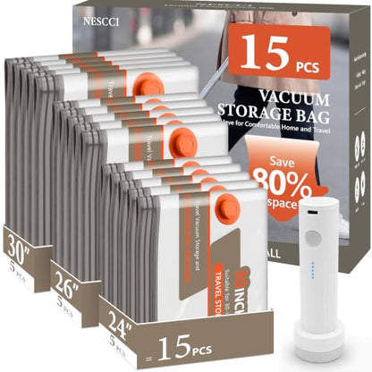 15 Pcs Vacuum Bags for Travel with Rechargeable Air Pump,Space Saver Bags - size: 15 Combo Size (Orange)