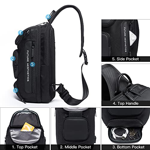 BANGE Men's Sling Backpack - Waterproof Crossbody Bag, Multi-Purpose Shoulder Bag - color: Black