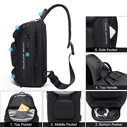 BANGE Men's Sling Backpack - Waterproof Crossbody Bag, Multi-Purpose Shoulder Bag - color: Black