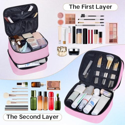 Double Layer Makeup Bag with Adjustable Dividers, Pink - color: Pink