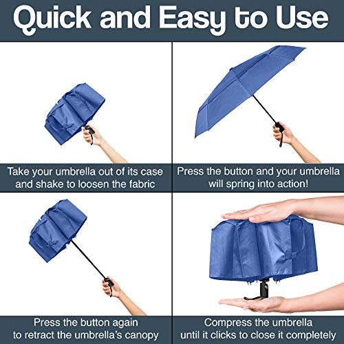 RainPlus Windproof Travel Umbrella - Compact, Automatic, Folding and Portable - Umbrellas For Rain for Men and Women - Car, Backpack, Purse, Strong & Wind Resistant - color: Navy Blue