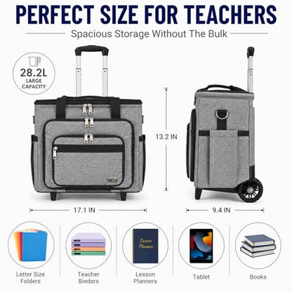 Rolling Craft Bag With Wheels, Teacher Organizer Tote With Detachable Trolley - color: gray, size: 2 Wheels & Fixed Front Feet