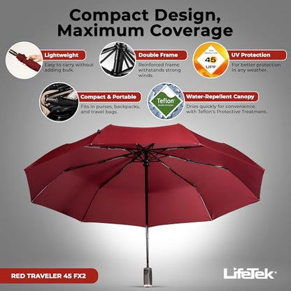LifeTek Premium Travel Umbrella - Windproof & Compact for Men & Women, Automatic Open Close, Fits in Purse Laptop Bag or Backpack, Strong Frame for Heavy Rain & Sun UV Protection - color: 45 Inch Red FX2 Double Canopy