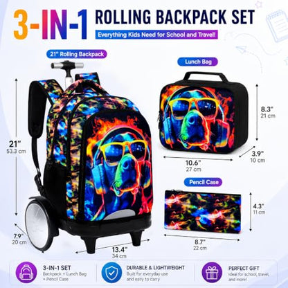 HPJGD Big-Wheel Rolling Backpack for Boys with Lunch Box & Pencil Case - 3-Pack Travel Set Featuring Cool Dog with Sunglasses Design, Water-Resistant & Reflective Wheeled Bookbag for School/Trips - color: Cool Rolling Backpack Sunglasses Dog