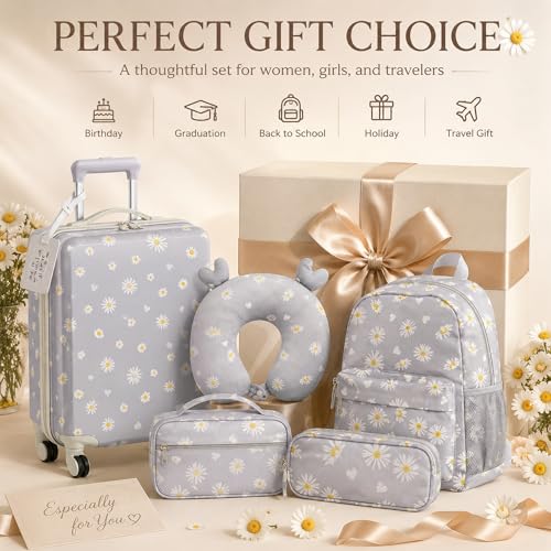 Redbaker 6 Pcs Kids Luggage Set for Girls Grey 17 Inch Daisy - color: Grey, size: 17 Inch