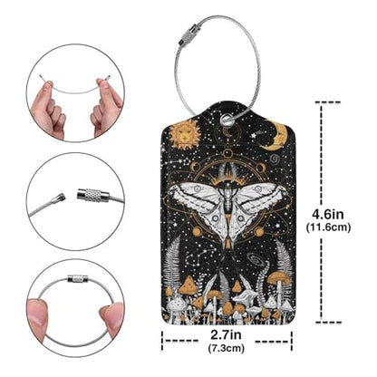 Mushrooms Moth Moon Star 2 Pack Luggage Tags, Unique Leather Suitcase Tags Identifiers with Privacy Name Address Labels & Durable Steel Loop