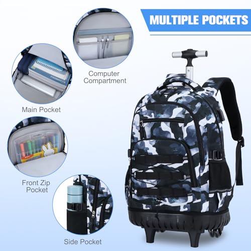 ACESAK 3PCS Camo Rolling Backpack for Boys with Lunch Box Pencil Case - color: Camo Lightning