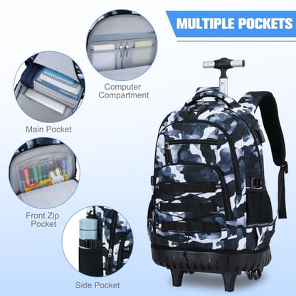ACESAK 3PCS Camo Rolling Backpack for Boys with Lunch Box Pencil Case - color: Camo Lightning