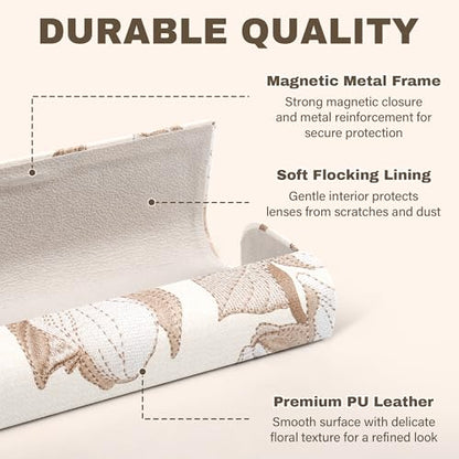 Glasses Case Hard Shell, PU Leather Floral Eyeglass Case | Sturdy Metal Frame, Secure Magnetic Closure, Compact & Lightweight, Fits Small & Slim Glasses, Cleaning Cloth Included - color: Cream
