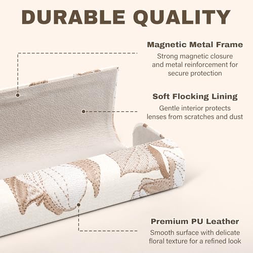 Glasses Case Hard Shell, PU Leather Floral Eyeglass Case | Sturdy Metal Frame, Secure Magnetic Closure, Compact & Lightweight, Fits Small & Slim Glasses, Cleaning Cloth Included - color: Gray