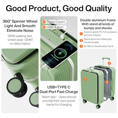 mixi Checked Luggage with Cup Phone Holder and Charger Hard Shell Suitcases with Spinner Wheels, 24 Inch Avocado Green - color: Avocado green, size: 24-inch