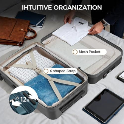 Carry on Luggage Top opening Suitcases, Expandable with Cup Holder and USB Charging Port,Lightweight with Front Pocket Rolling Suitcases with Spinner Wheels - color: Gray