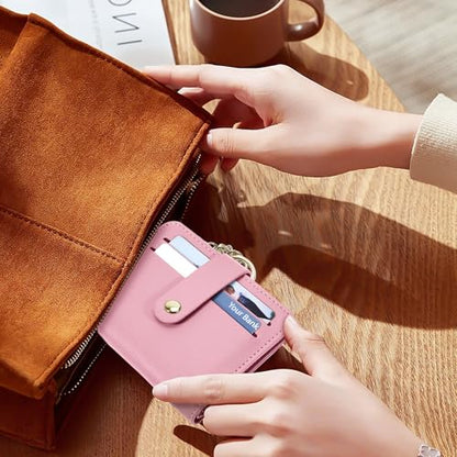 Airkit Small Wallet Women RFID, PU Leather Card Holder with Keychain - color: Pink