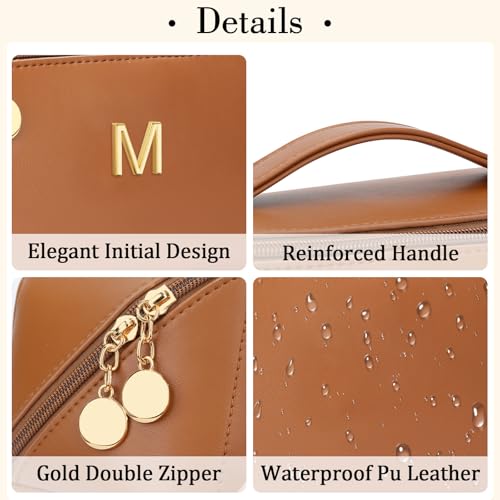 Gifts for Women Bridesmaid Initial Makeup Bag | Personalized PU Leather Cosmetic Waterproof Travel Toiletry Bag (Large-Brown-M) - color: LargeBrown, style: M