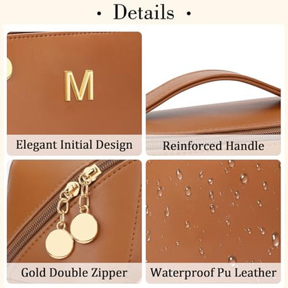 Gifts for Women Bridesmaid Initial Makeup Bag | Personalized PU Leather Cosmetic Waterproof Travel Toiletry Bag (Large-Brown-M) - color: LargeBrown, style: M