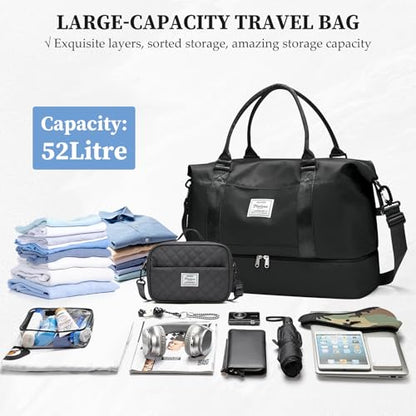 Weekender Bags for Women,Personal Item Travel Bag with Shoes Compartment - color: Black with BlackGray Toiletry Bag, size: Extra Large
