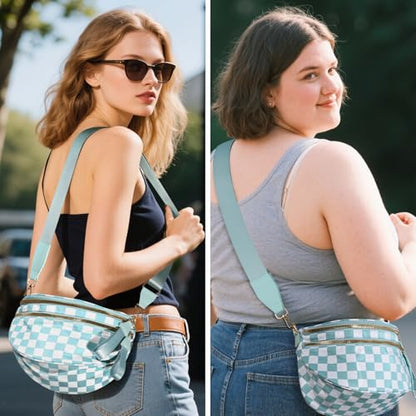 Checkered Crossbody Bags for Women, Large Nylon Bum Bags - color: Light Blue Checkered