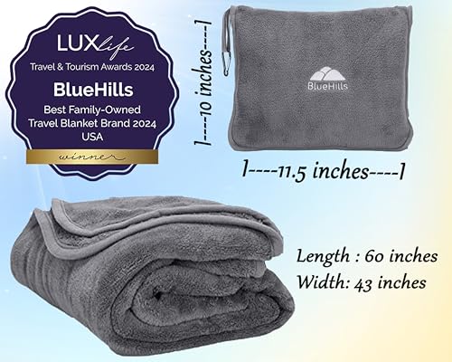 BlueHills Premium Soft Travel Blanket Pillow 2-in-1 Airplane Warm - Gray | 2 in 1 Airplane Blanket Pillow, Hand Luggage Strap & Backpack Clip, Lightweight & Compact, Must Have Essential Travel Gifts - color: Gray-1pk-t007