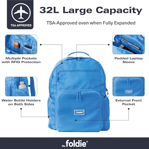 The Foldie Packable Backpack for Travel 32L - Lightweight Foldable Backpacks with Trolly Sleeve & RFID Protection - Water-repellent Casual Daypack Backpacks for Hiking, Camping & Gym - Azure Blue - color: Azure Blue