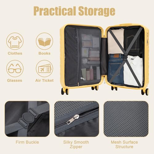 GDFStudio 20" ABS Hardshell Checked Luggage, Medium Capacity Travel Suitcase with Scratch Resistant Surface, 360° Silent Spinner Wheels, Combination Lock, Telescopic Handle and Side Hooks, Yellow - color: Yellow, size: 20In