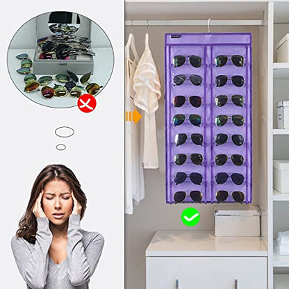 Dual Sided Hanging Sunglasses Organizer Wall Eyeglass Holder Sunglass Rack for Home with 32 Dust Proof Pockets (32 Pockets-Purple) - color: 32 Pockets-Purple
