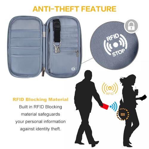 RFID Passport Wallet with Vaccine Card Slot, Family Travel Passport Holder Document Organizer Bag with Wrist & Neck Double Strap - color: Gray Leaf