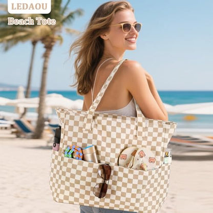 LEDAOU Large Beach Bag for Women, Waterproof Sandproof Tote Bag with Zipper - color: Brown