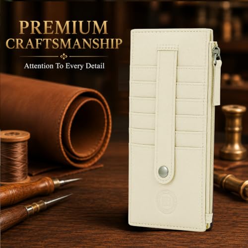 Leatherboss Genuine Leather Women's All in One Credit Business Card Case Holder Slim Zipper Wallet With a Card Protection Strap, Cream - color: Cream