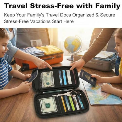 Travel Document Holder RFID Blocking Passport Organizer Family Multi Pocket - color: All-Black