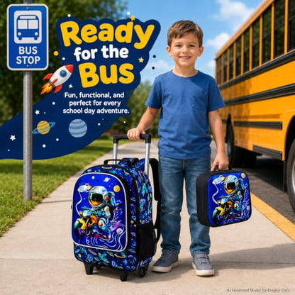 3PCS Rolling Backpack for Girls Boys, Kids Roller Wheeled Bookbag with Lunch Box, Backpacks with Wheels for Elementary - color: Astronaut Blue