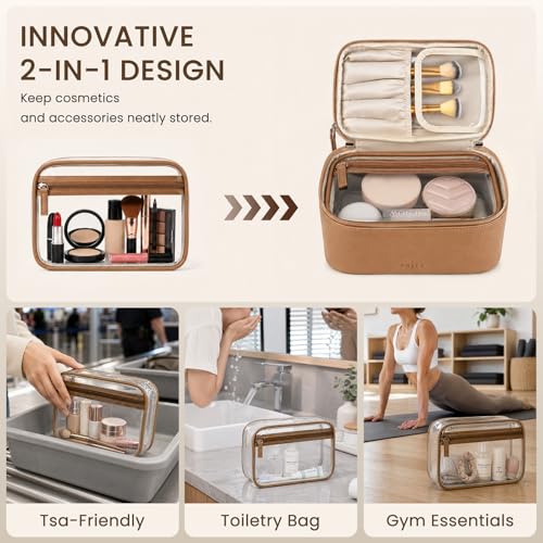 Prite 2 Pcs Makeup Bag Set Travel Cosmetic Case with Clear Toiletry Bag - color: Brown