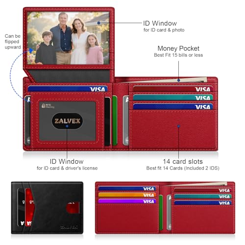 ZALVEX Wallet for Men Slim RFID Blocking Leather Credit Card Holder Wallet - color: Black + Red
