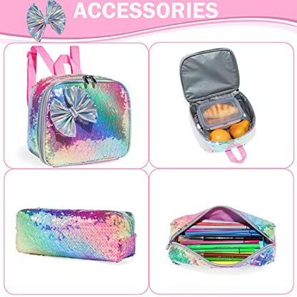 Bowknot Rolling Backpack for Girls Roller Backpacks with Wheels Kids Wheeled Sequin Suitcase Trolley Trip Luggage for Elementary Kindergarten Student with Lunch Box Pencil Case for Kids 5-12 Years Old - color: A Pink Bowknot