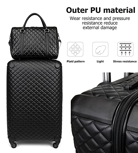 feilario Plaid PU Leather 4 Piece Luggage Set with Travel Bag - color: B-Black