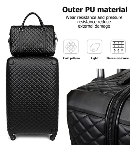 feilario Plaid PU Leather 4 Piece Luggage Set with Travel Bag - color: B-Black