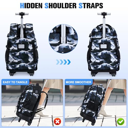 ACESAK 3PCS Camo Rolling Backpack for Boys with Lunch Box Pencil Case - color: Camo Lightning
