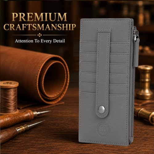 Leatherboss Genuine Leather Women's All in One Credit Business Card Case Holder Slim Zipper Wallet With a Card Protection Strap, Gray - color: Gray