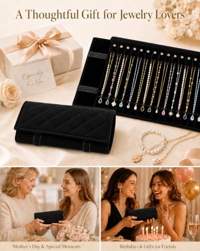 Travel Necklace Organizer, Tangle Free Jewelry Case, 16 Slots - color: Black Diamond