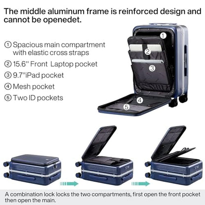 Hanke 20 Inch Carry On Luggage with Front Pocket Aluminum Frame, Hard Shell Suitcases with Wheels, Rolling Luggage, Suitcase with Lock, Travel Luggage for Weekender, Dark Blue - color: Dark Blue, size: 20 Inch-1